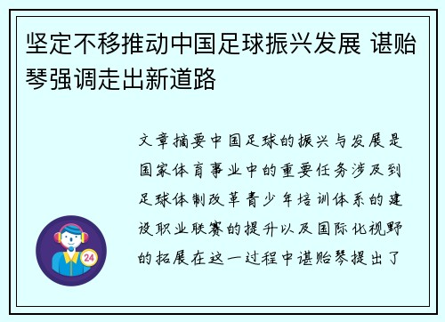 坚定不移推动中国足球振兴发展 谌贻琴强调走出新道路