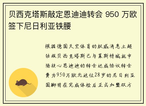 贝西克塔斯敲定恩迪迪转会 950 万欧签下尼日利亚铁腰